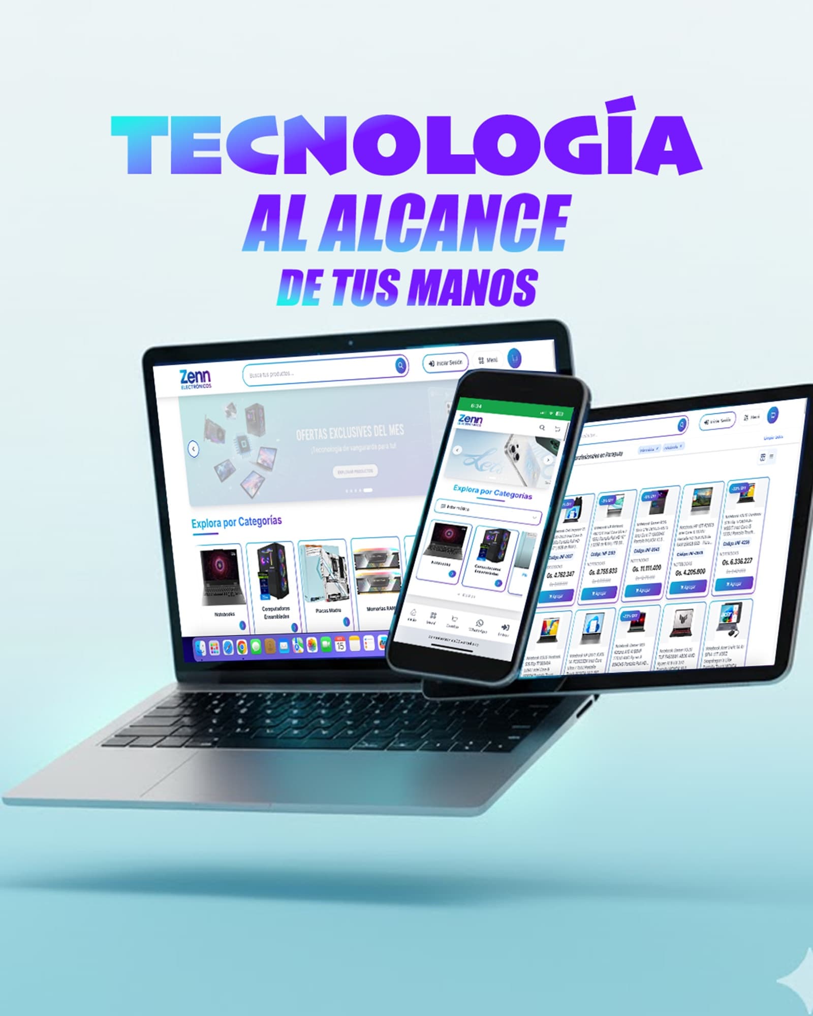 E-commerce Zenn en laptop, celular y tablet — tecnología al alcance de tus manos